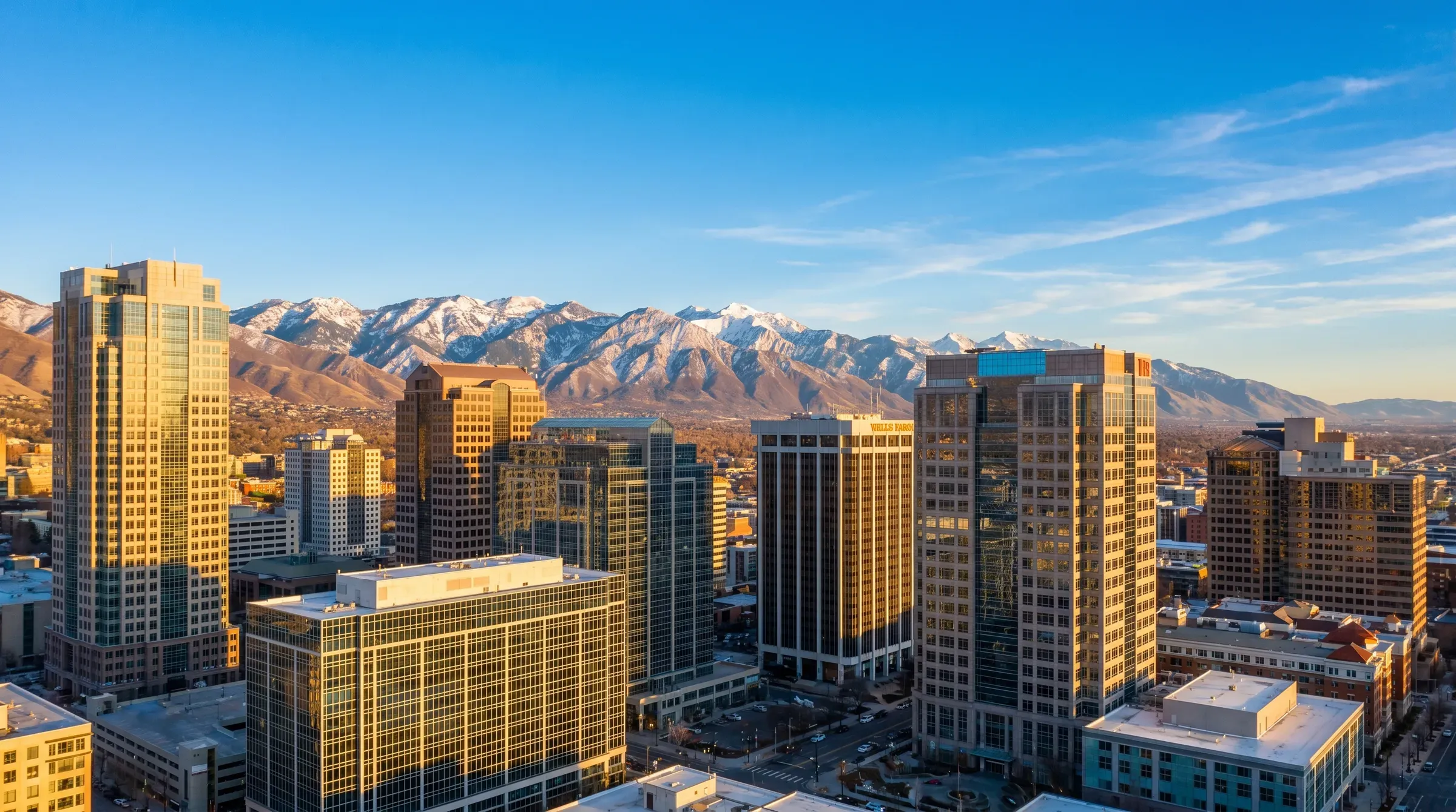 Aerial view of the downtown Salt Lake City skyline at golden hour.