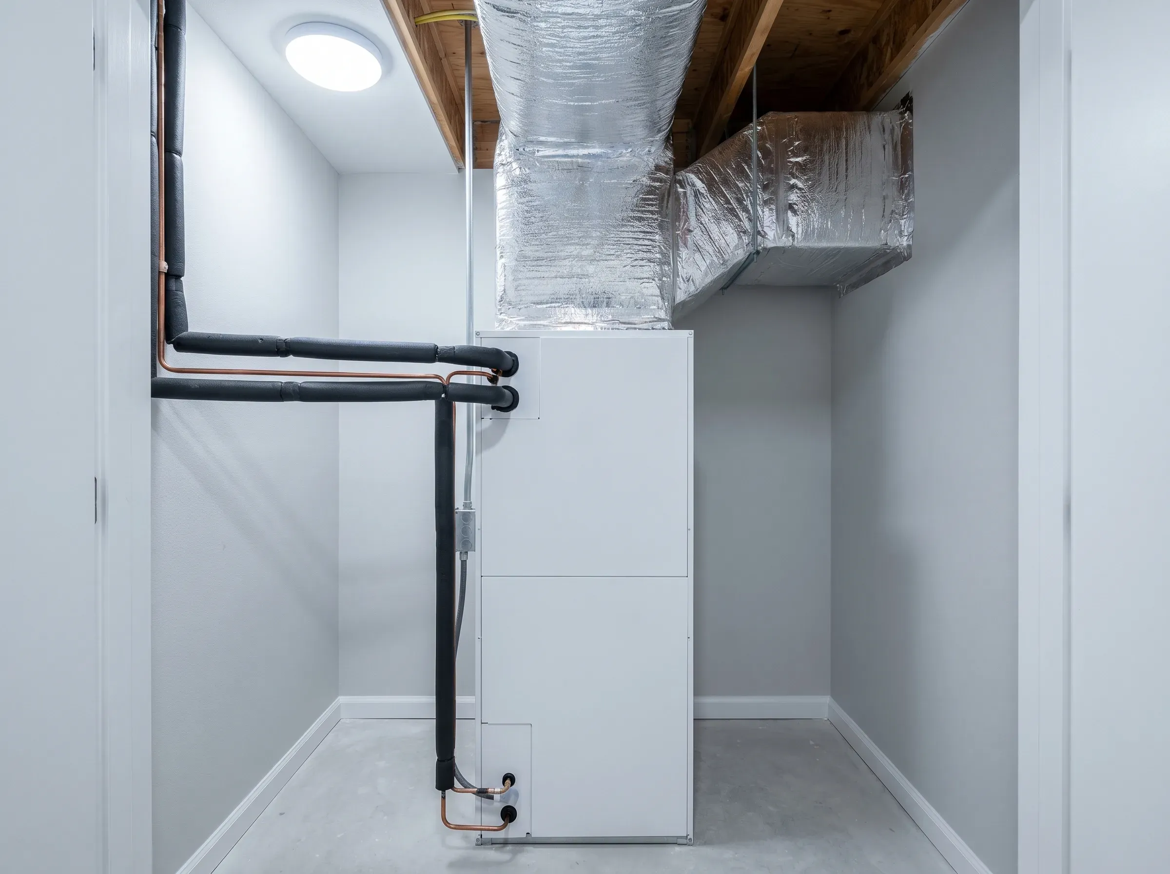 Ducted air handler in mechanical closet with clean line set.