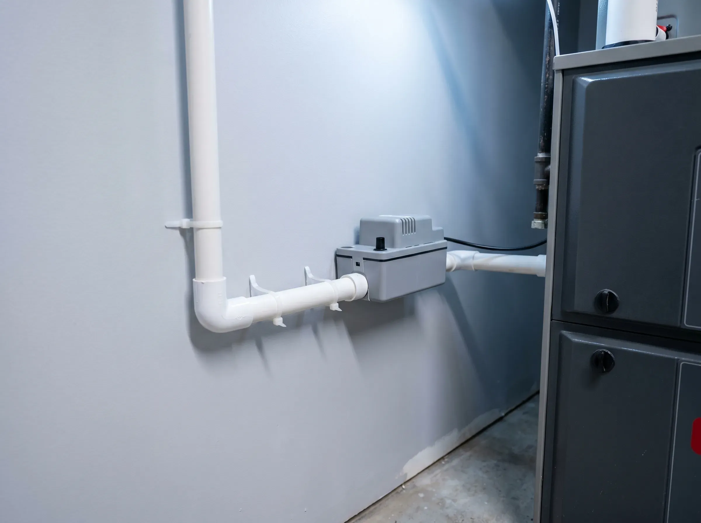Drain line and condensate pump installed cleanly along basement wall.
