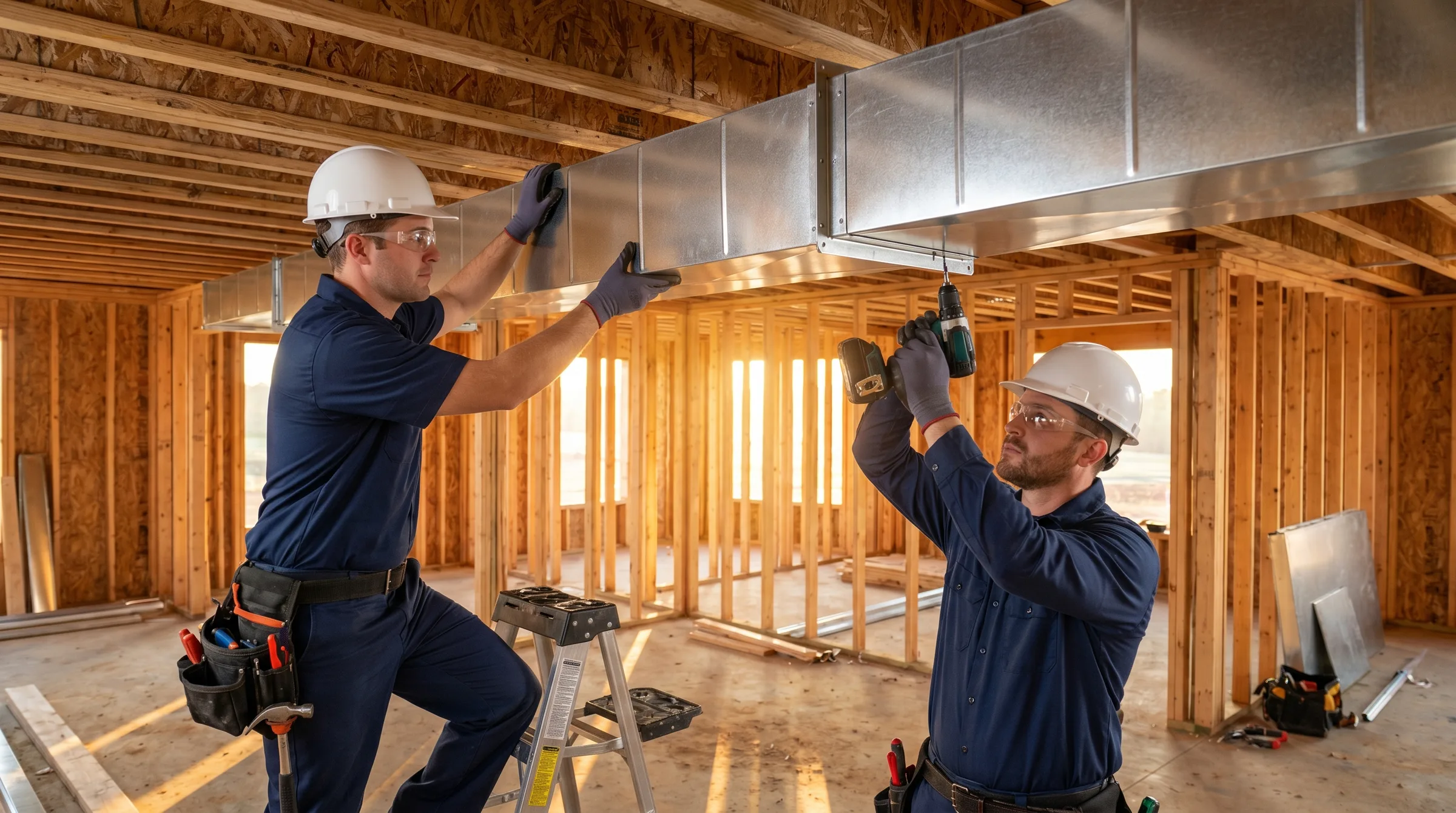 Wood framing with exposed ductwork rough-in at golden hour.