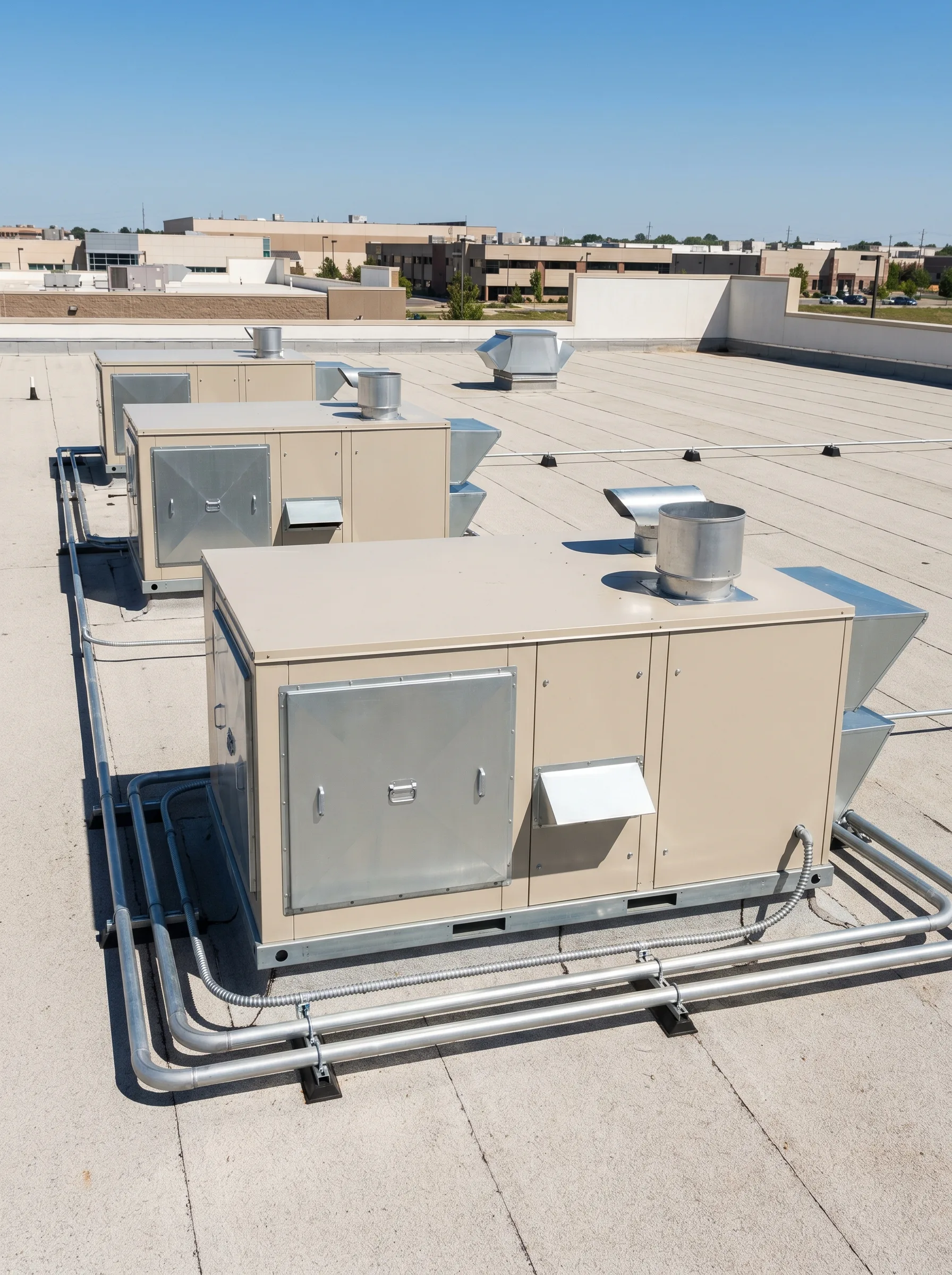 Open commercial mechanical room with rooftop unit visible through a skylight.