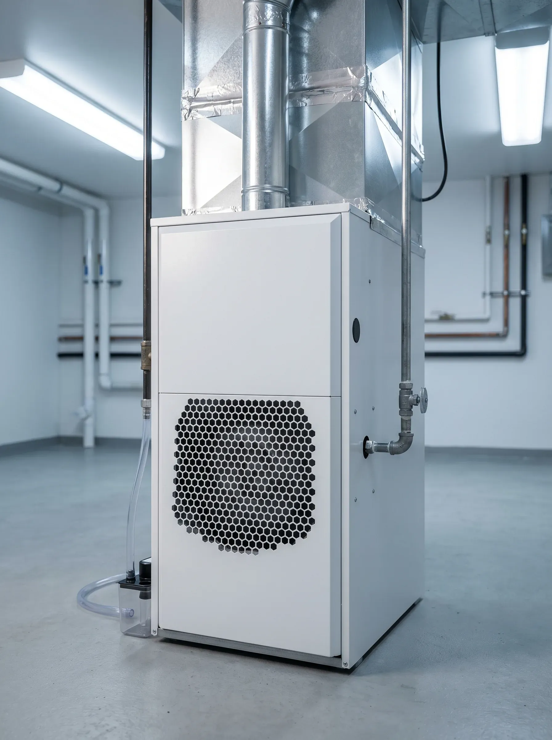 High-efficiency gas furnace newly installed in a clean residential basement mechanical room.